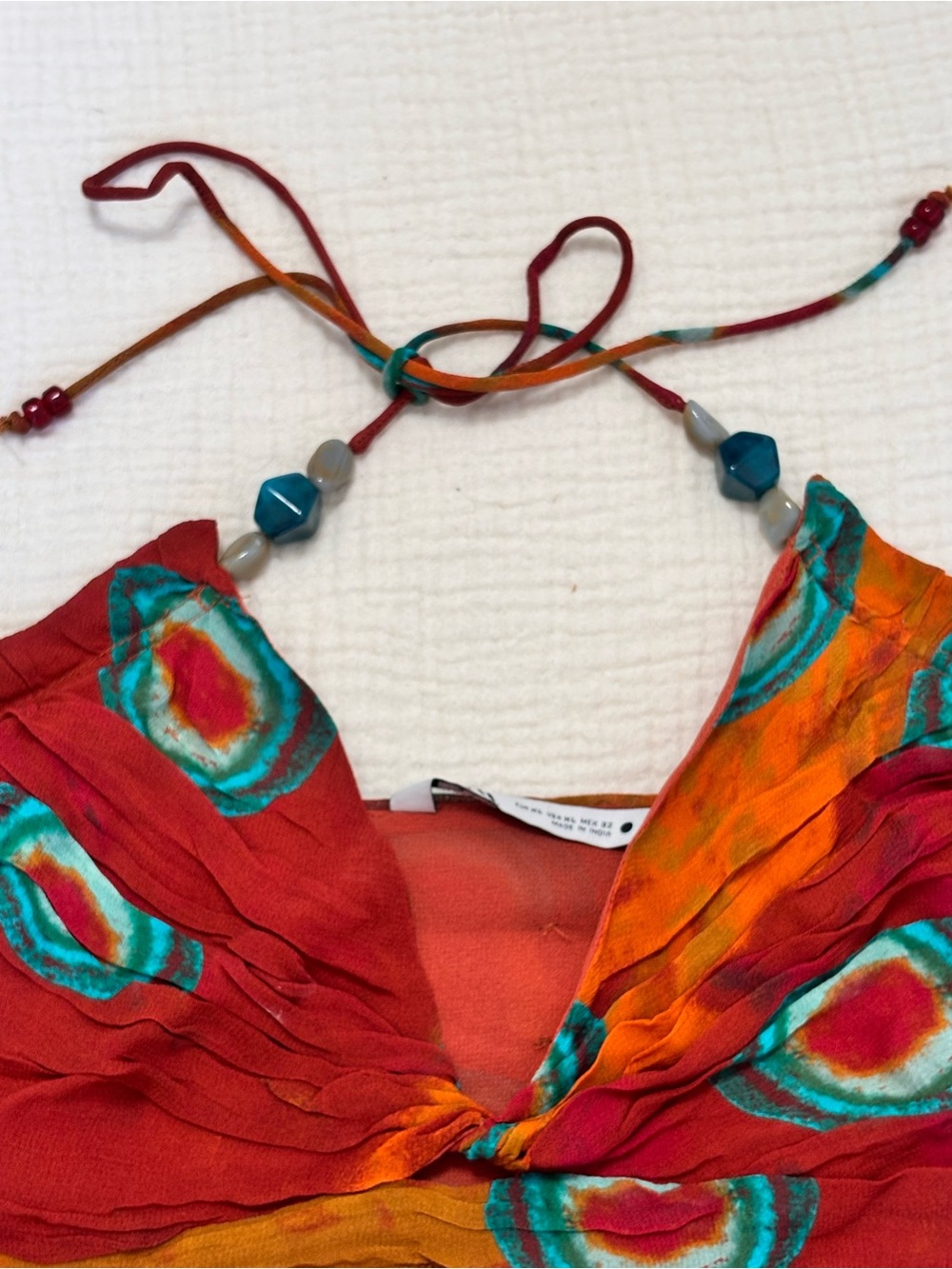 Zara batik printed beaded halter crop top Tribal Festival Tie Halter Top XL - Picture 3 of 5